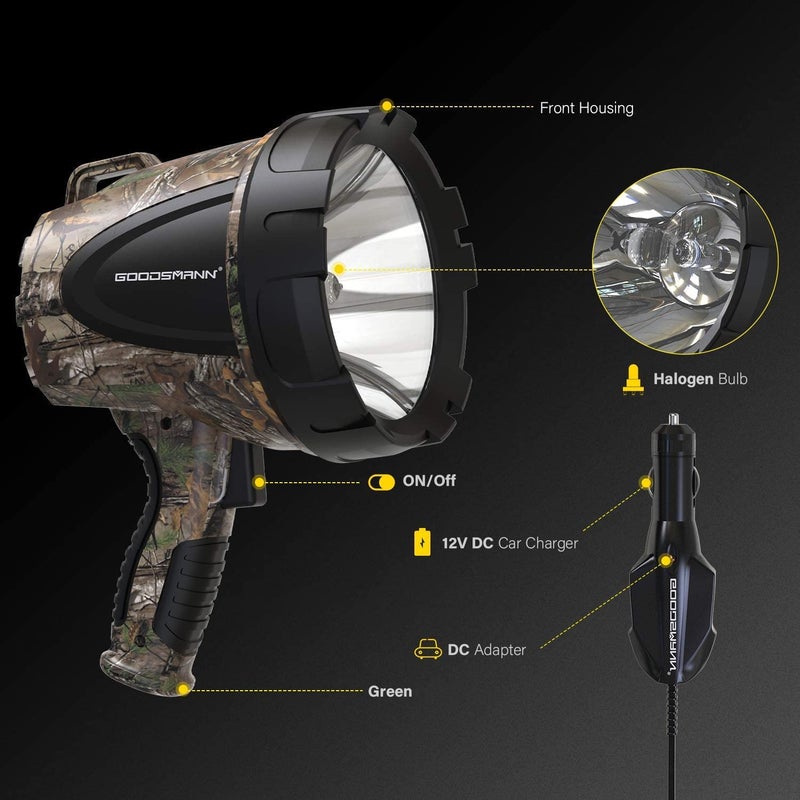 GOODSMANN Spotlight Hunting Camo Portable Handheld Spotlights 1500 Lumen RealtreeÂ® Xtra Halogen Boat Corded 12V Plug-in Spot Light Outdoor with Oxford Bag Tactic Pro H102-01 - Image 3